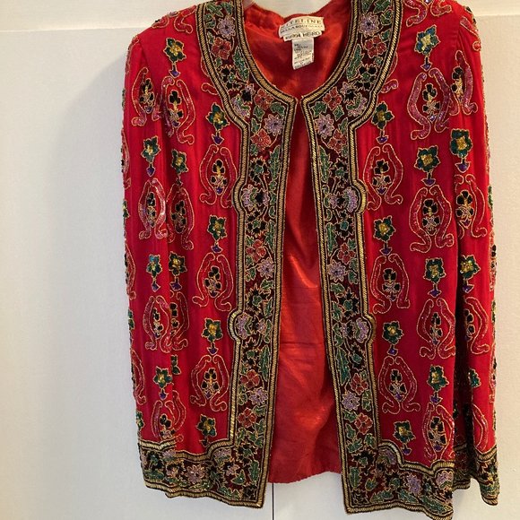 RARE! Exquisite Heavily Beaded Red SILK Dress Jacket, Niteline - Picture 3 of 10